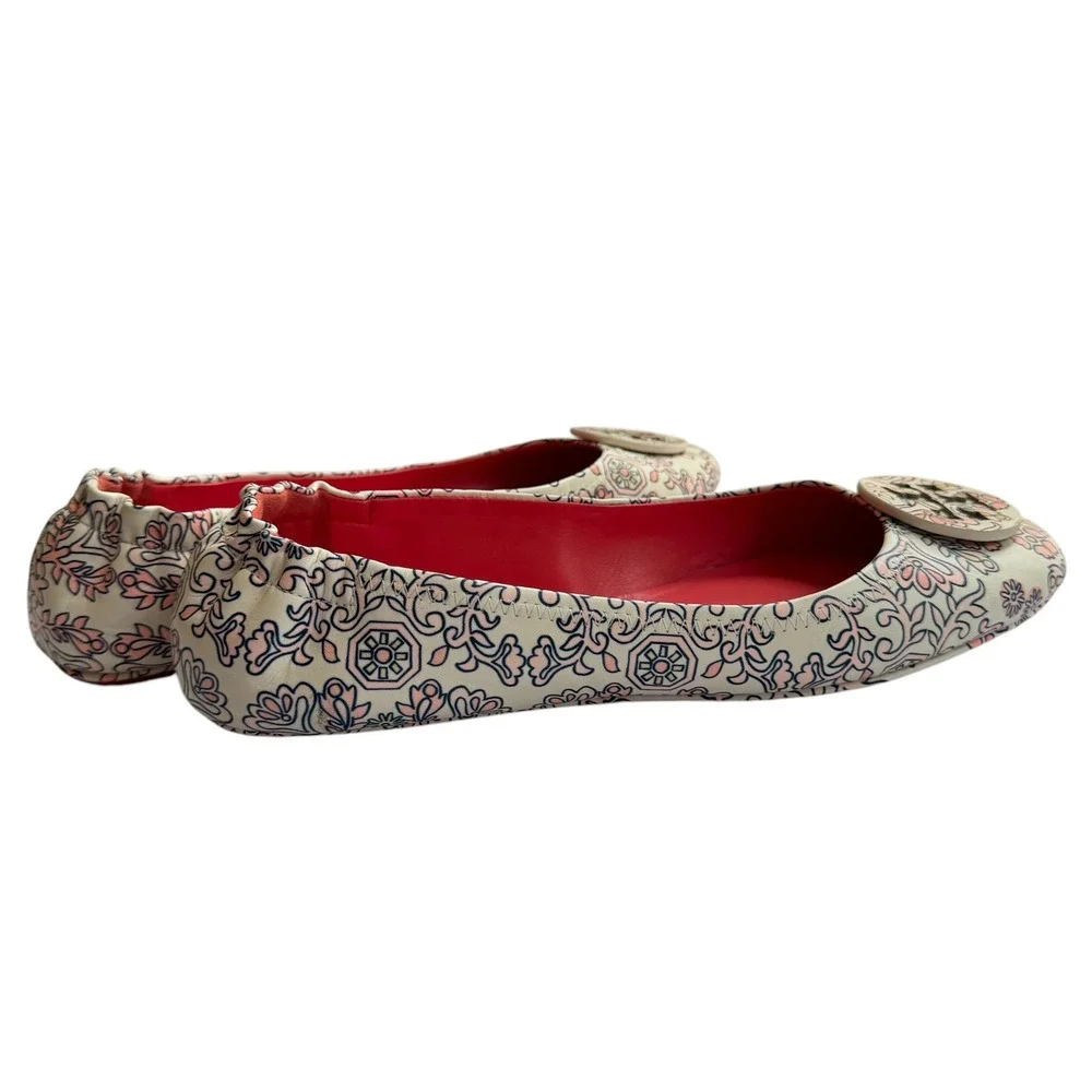 Tory Burch Minnie Travel Ballet Flats Cream Pink Floral Paisley Leather Size 9